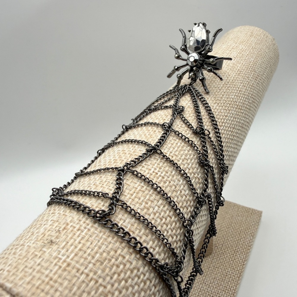 Metal Goth Witchy Moody Spider Web Hand Chain Bracelet Ring OS Black